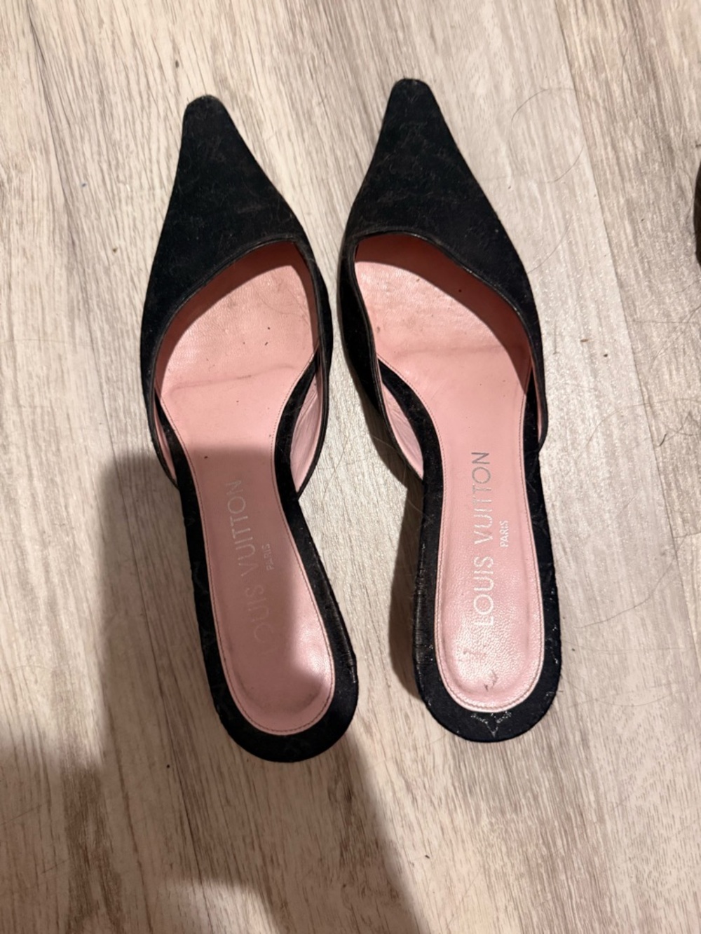 Louis Vuitton Black Suede Pointed-Toe Mules with Pink Insole